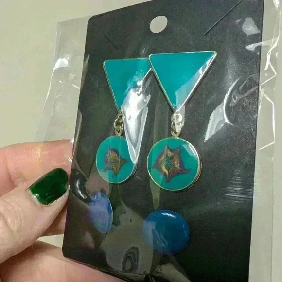 Vintage  pair of 80s blue earrings - Picture 5 of 7